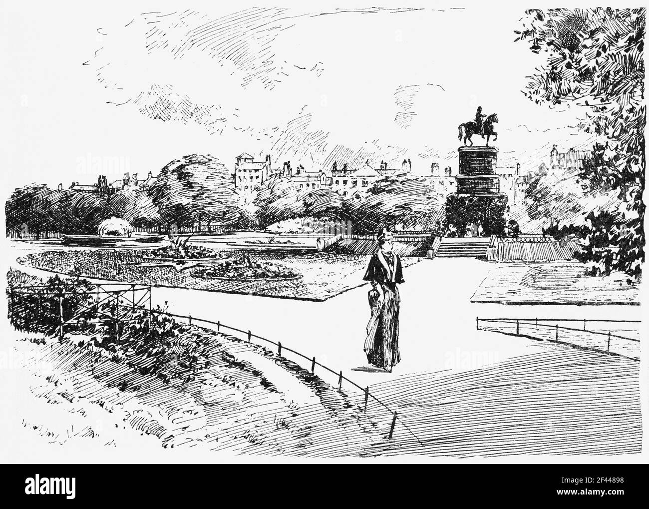 19th Century illustration of  a woman walking through St Stephen's Green, a garden square and public park located in the city centre of Dublin, Ireland. The current landscape of the park was designed by William Sheppard and officially opened to the public on Tuesday, 27 July 1880. The statue of George II, stood from 1758, until removed in 1937. Stock Photo