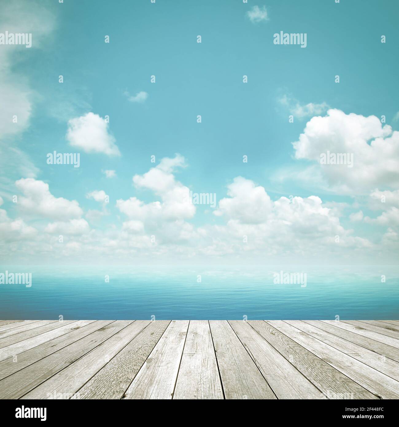 Wood plank as a pier on blue sky background - retro style effect Stock Photo