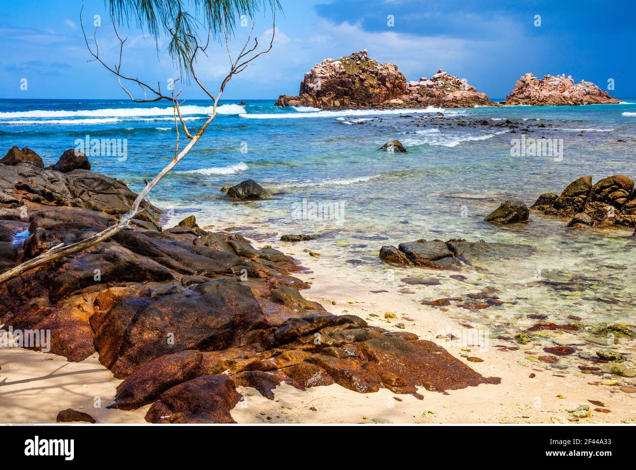 geography / travel, Seychelles, Praslin, Cousin Island beach with rocks, Additional-Rights-Clearance-Info-Not-Available Stock Photo