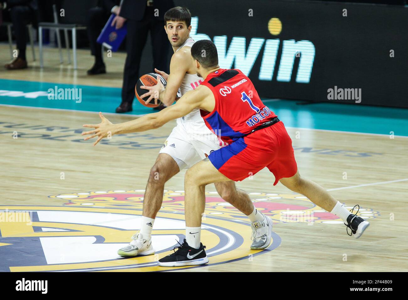 Nicolas Laprovittola of Real Madrid and Iffe Lundberg of CSKA Moscow during the Turkish Airlines EuroLeague basketball match between Real Madrid and CSKA Moscow on March 18, 2021 at Wizink Center stadium in Madrid, Spain - Photo Irina R Hipolito / Spain DPPI / DPPI / LiveMedia Stock Photo