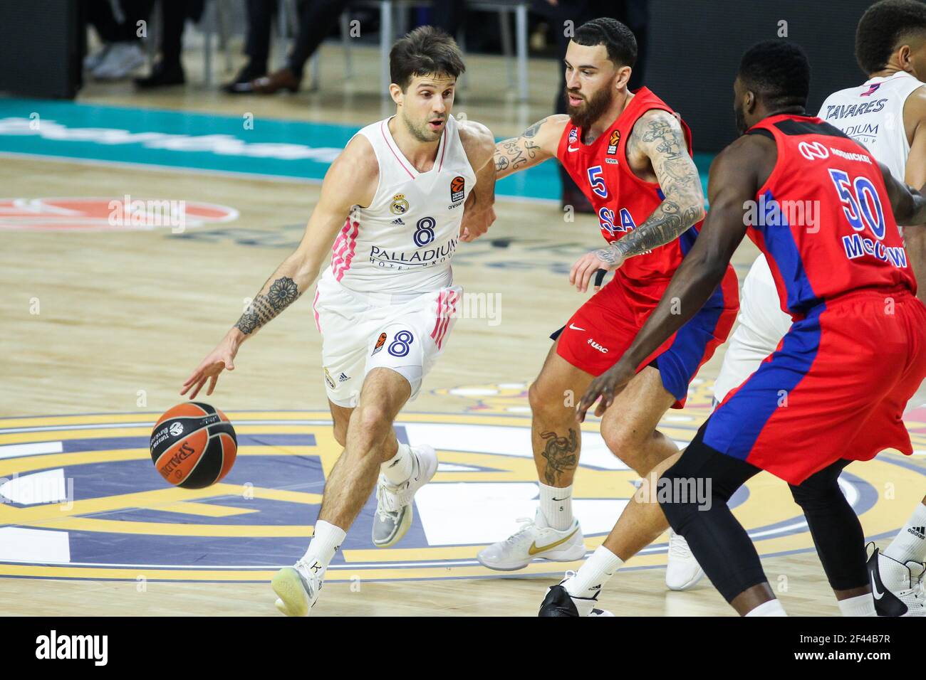 Nicolas Laprovittola of Real Madrid and Mike James of CSKA Moscow during  the Turkish Airlines EuroLeague basketball match between Real Madrid and CSKA  Moscow on March 18, 2021 at Wizink Center stadium