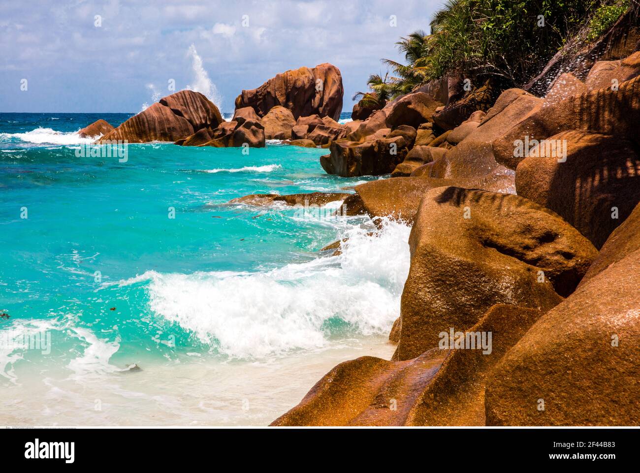 geography / travel, Seychelles, La Digue, Anse Coco, beach with granite rocks, Additional-Rights-Clearance-Info-Not-Available Stock Photo