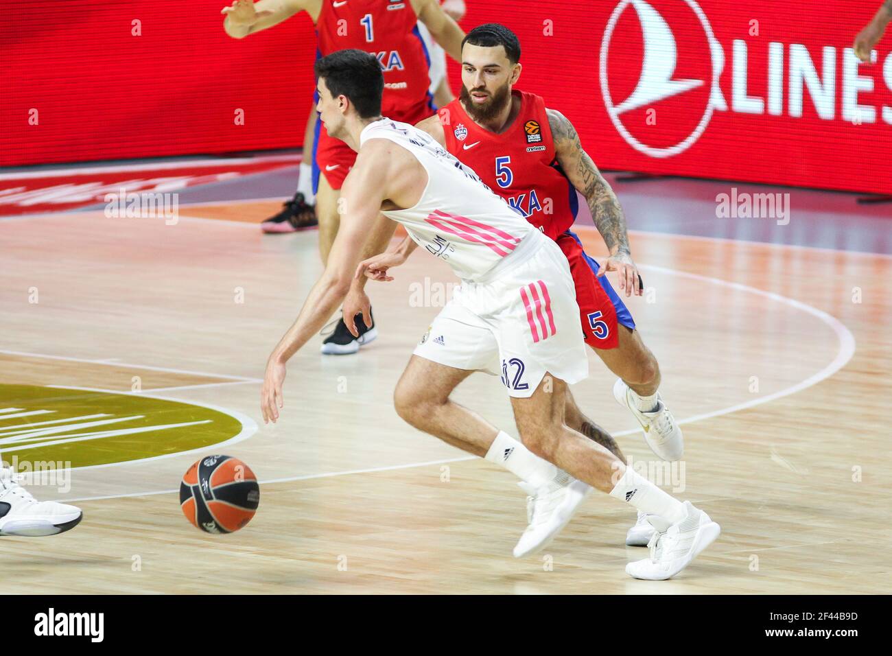 Carlos Alocen Arrondo of Real Madrid and Mike James of CSKA Moscow during the Turkish Airlines EuroLeague basketball match between Real Madrid and CSKA Moscow on March 18, 2021 at Wizink Center stadium in Madrid, Spain - Photo Irina R Hipolito / Spain DPPI / DPPI / LiveMedia Stock Photo