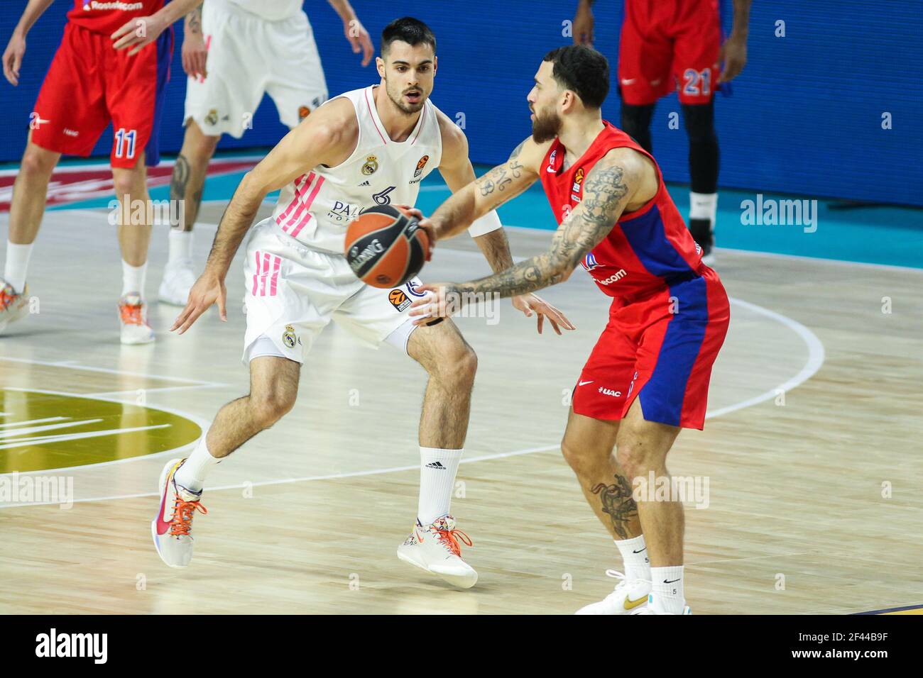 Alberto Abalde of Real Madrid and Mike James of CSKA Moscow during the Turkish Airlines EuroLeague basketball match between Real Madrid and CSKA Moscow on March 18, 2021 at Wizink Center stadium in Madrid, Spain - Photo Irina R Hipolito / Spain DPPI / DPPI / LiveMedia Stock Photo