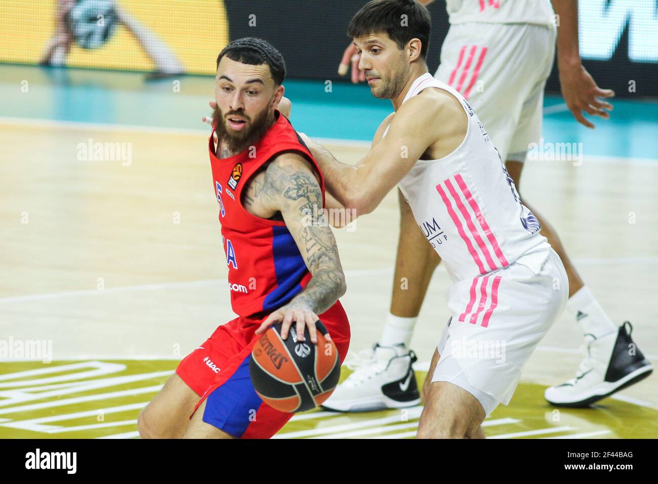 Mike James of CSKA Moscow and Nicolas Laprovittola of Real Madrid during the Turkish Airlines EuroLeague basketball match between Real Madrid and CSKA Moscow on March 18, 2021 at Wizink Center stadium in Madrid, Spain - Photo Irina R Hipolito / Spain DPPI / DPPI / LiveMedia Stock Photo