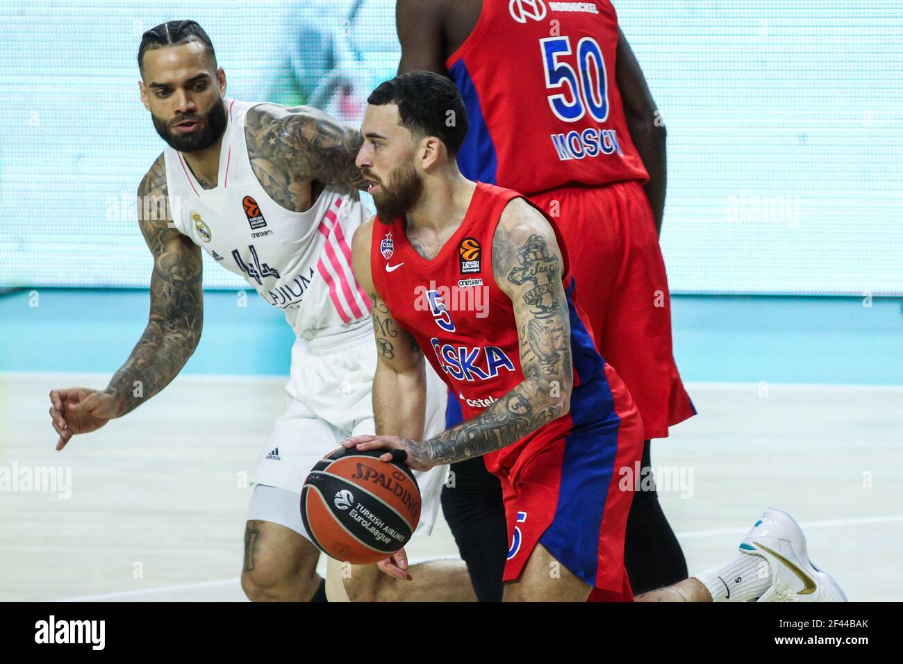 Jeffery Taylor of Real Madrid and Mike James of CSKA Moscow during the Turkish Airlines EuroLeague basketball match between Real Madrid and CSKA Moscow on March 18, 2021 at Wizink Center stadium in Madrid, Spain - Photo Irina R Hipolito / Spain DPPI / DPPI / LiveMedia Stock Photo