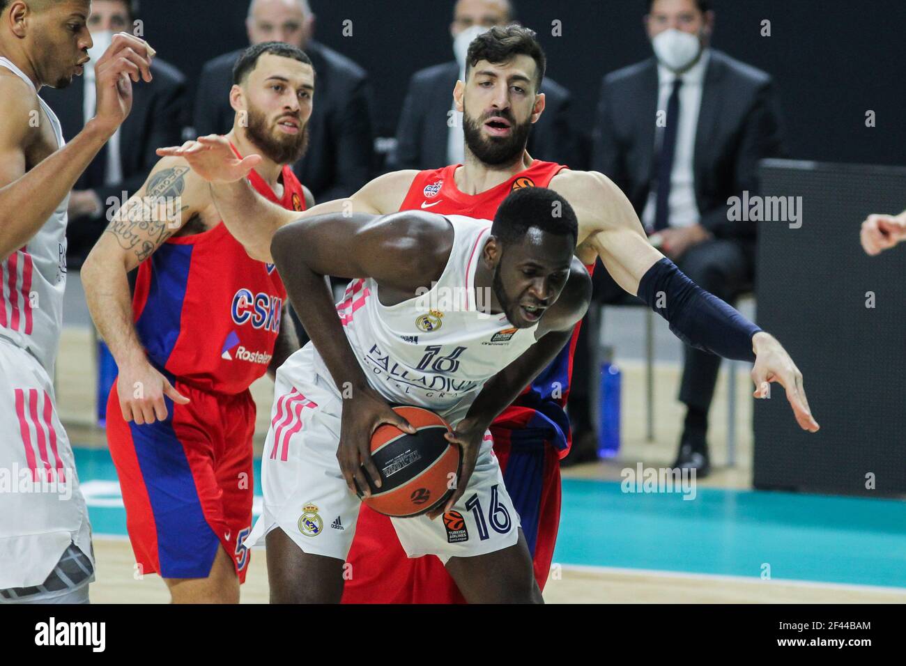 Usman Garuba of Real Madrid and Tornike Shengelia of CSKA Moscow during the Turkish Airlines EuroLeague basketball match between Real Madrid and CSKA Moscow on March 18, 2021 at Wizink Center stadium in Madrid, Spain - Photo Irina R Hipolito / Spain DPPI / DPPI / LiveMedia Stock Photo