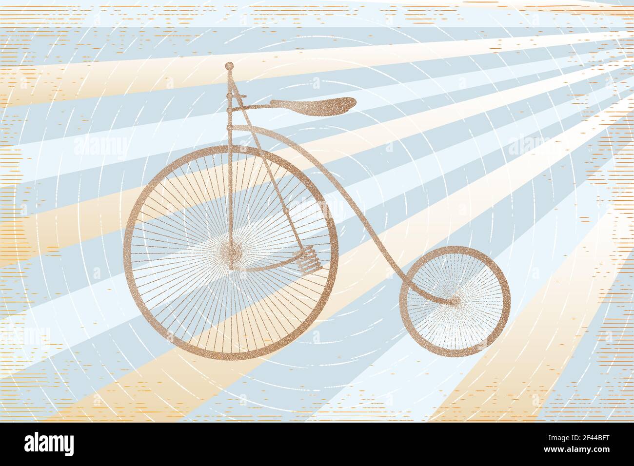 brown bicycle illustration in stippling retro style on stripes background made in light blue and light yellow colors and lines and circles in front of Stock Photo