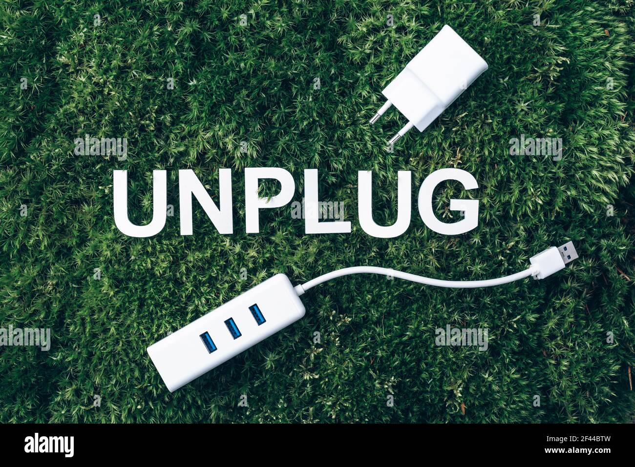 Word Unplug, white internet usb adapter on moss, green grass background. Top view. Copy space. Banner. Biophilia concept. Nature backdrop Stock Photo