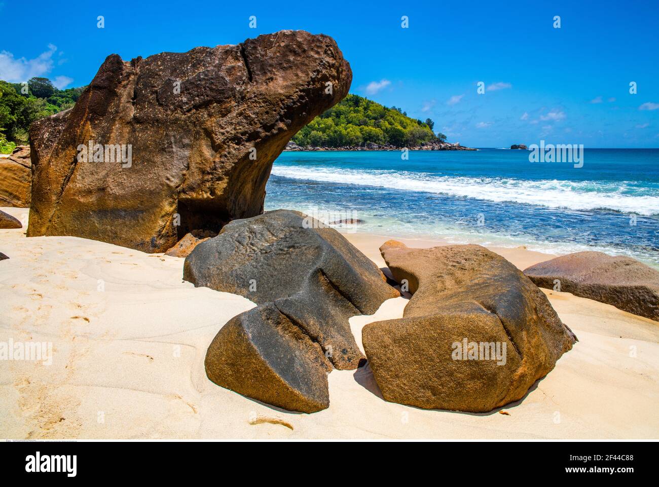geography / travel, Seychelles, Mahe, Takamaka, beach with granite rocks, Additional-Rights-Clearance-Info-Not-Available Stock Photo