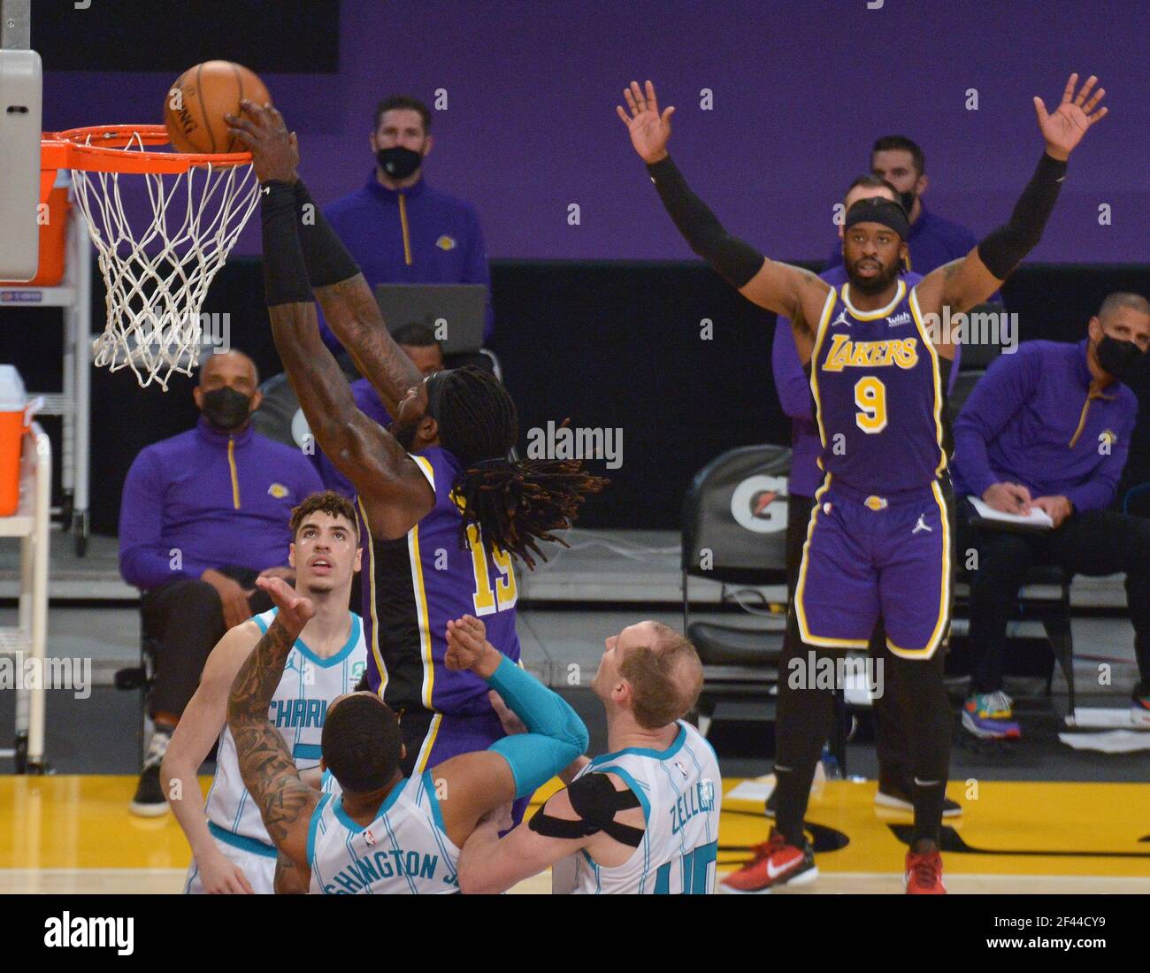 Los Angeles, United States. 18th Mar, 2021. Los Angeles Lakers' center Montrezl Harrell scores on Charlotte Hornets' defenders during the first half at Staples Center in Los Angeles on Thursday, March 18, 2021. The Lakers defeated the Hornets 116-105. Photo by Jim Ruymen/UPI Credit: UPI/Alamy Live News Credit: UPI/Alamy Live News Stock Photo