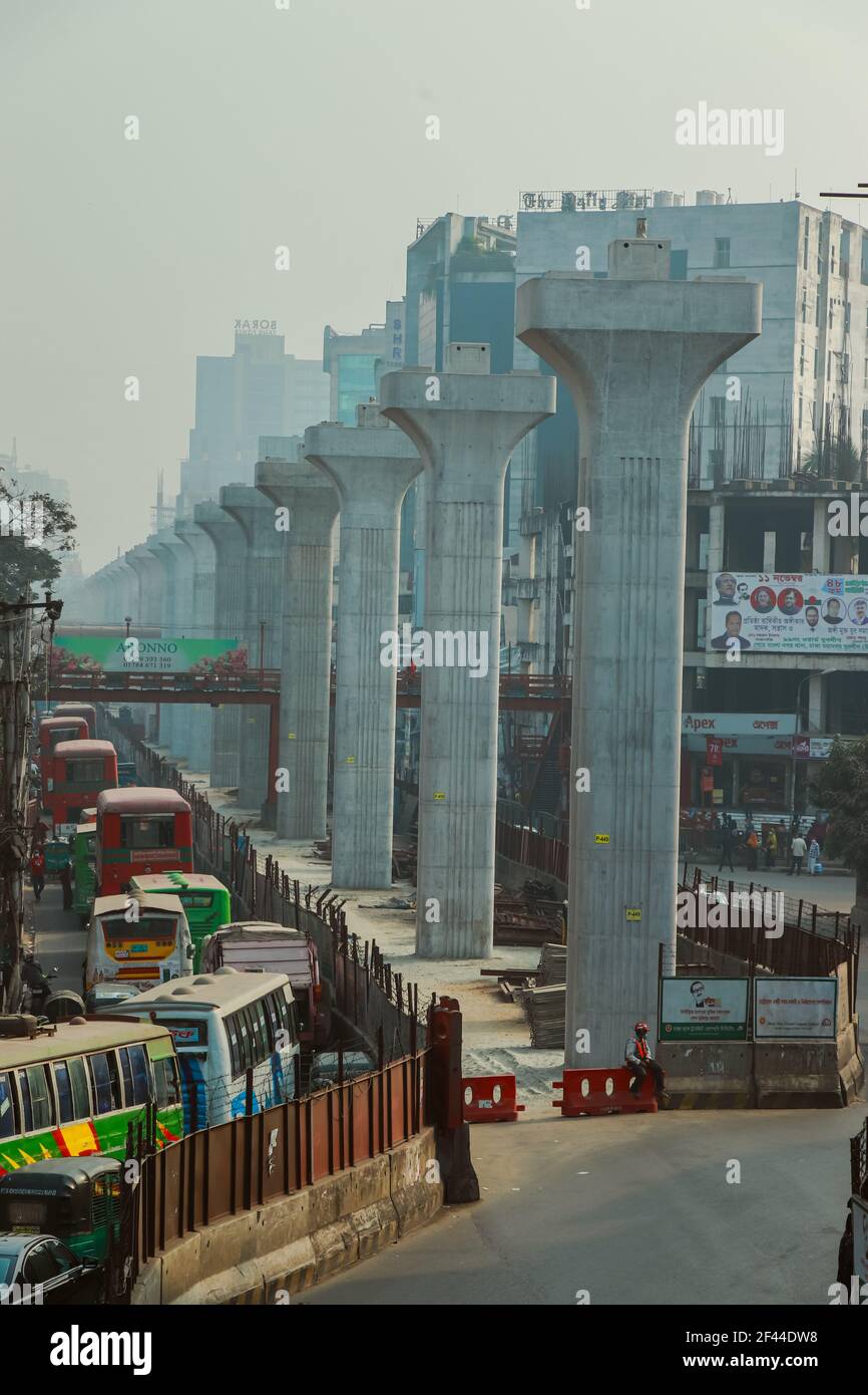mega Metrorail project progressing in the city of Dhaka.  metro train road build up . Stock Photo