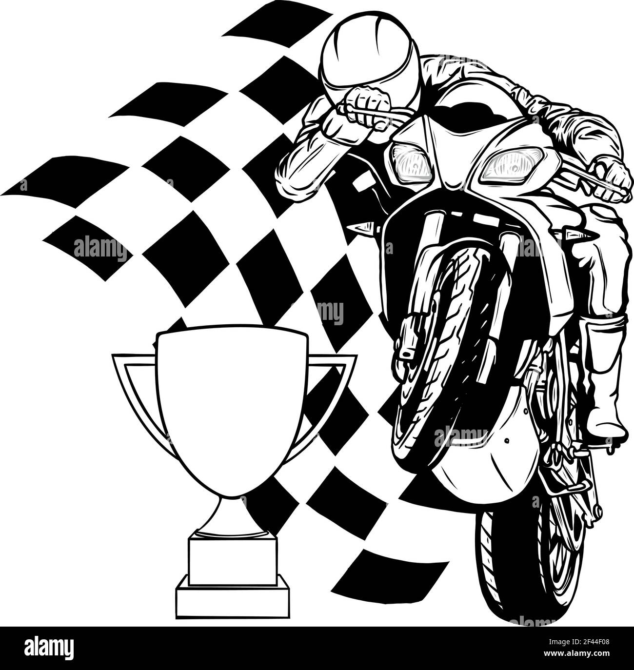 draw in black and white of Riders on sport motorbike with cup and race flag Stock Vector