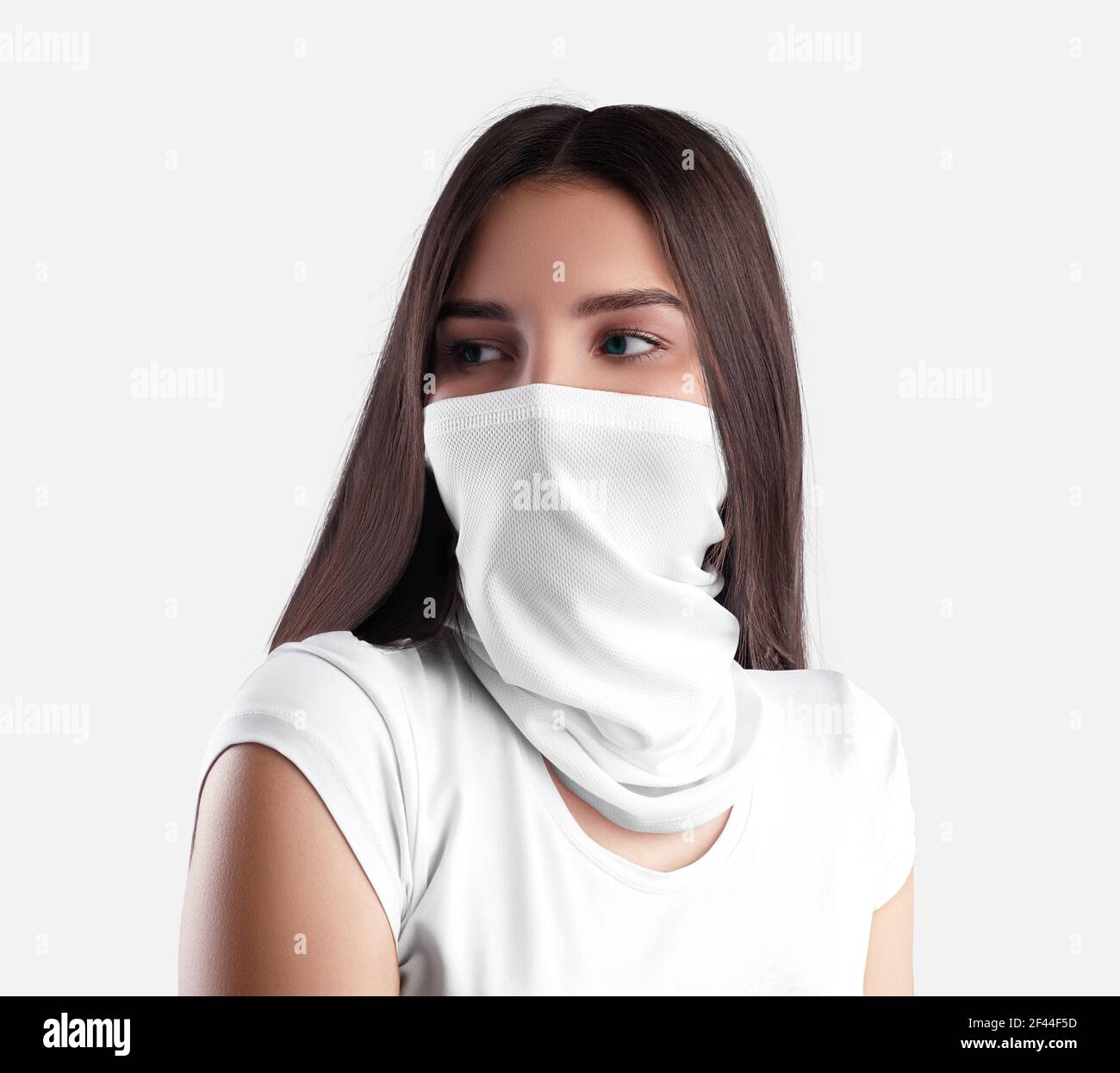 Mockup of white textured buff on a young girl with dark hair, half mask  covering, protecting her face, isolated on background. Scarf template, for  des Stock Photo - Alamy