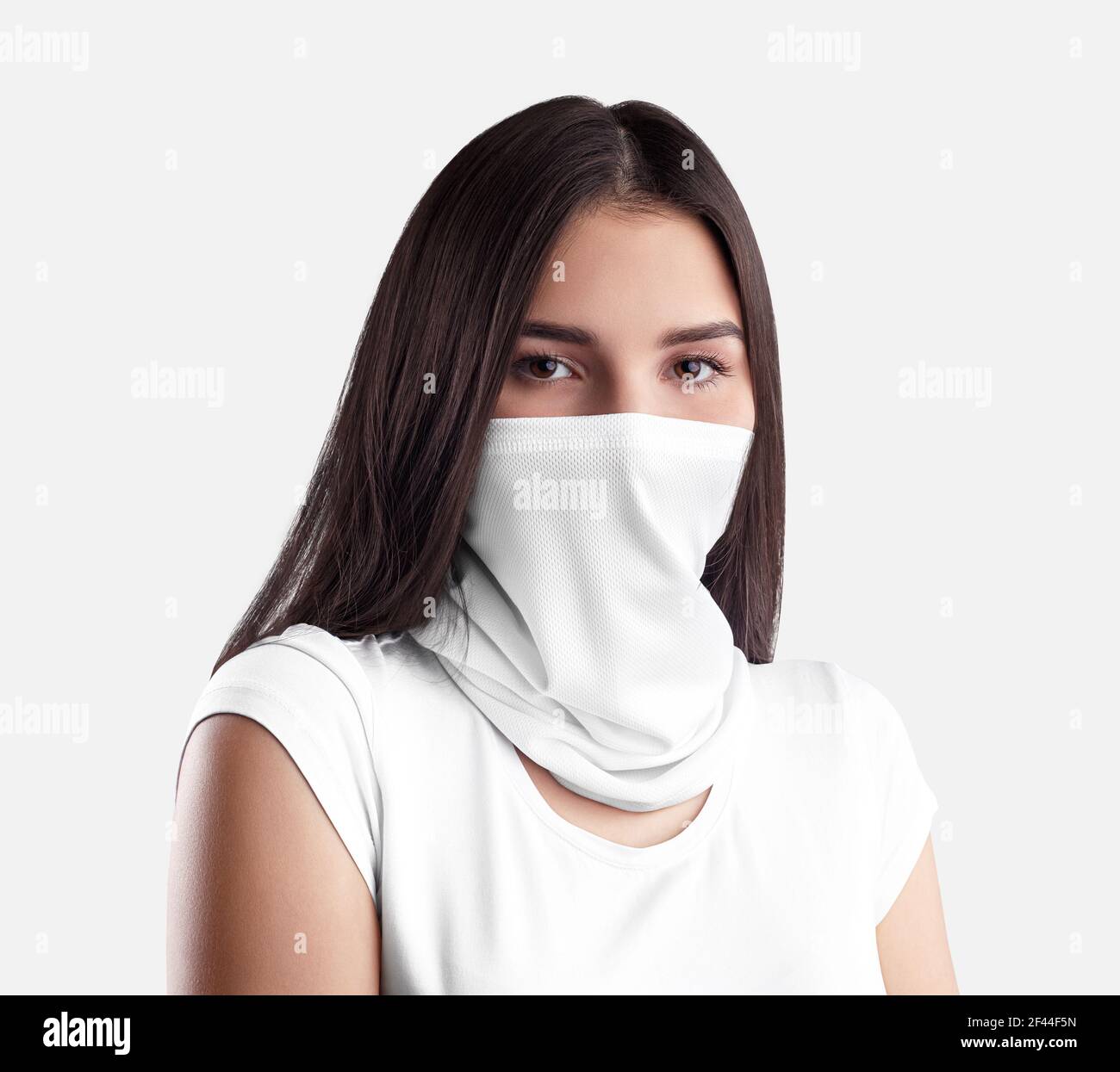 White buff template on a girl with beautiful dark eyes and hair, textured scarf covering her face, isolated on background. Blank half mask mockup for Stock Photo