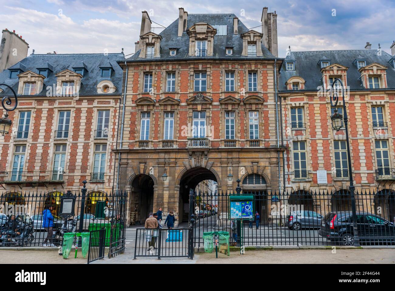 Typical facades of Place des Vosges, in the Marais district, the oldest square in Paris, in Île de France, France Stock Photo