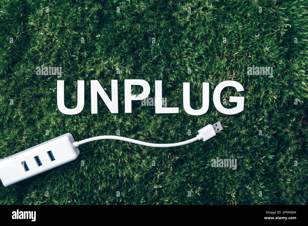 Word Unplug, white internet usb adapter on moss, green grass background. Top view. Copy space. Banner. Biophilia concept. Nature backdrop Stock Photo