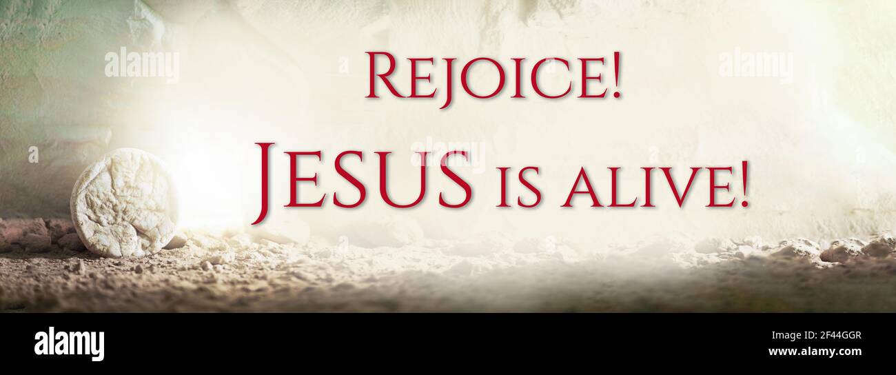 Stone is rolled away from empty grave on Easter morning. Jesus Christ