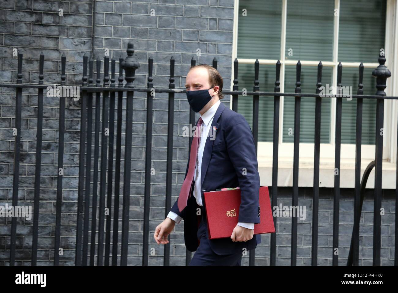 March 19, 2021, London, England, United Kingdom: Secretary of State for Health and Social Care MATT HANCOCK  is seen arriving at 10 Downing Street as PM Boris Johnson gets ready to get Astra Zeneca vaccine today. (Credit Image: © Tayfun Salci/ZUMA Wire) Stock Photo