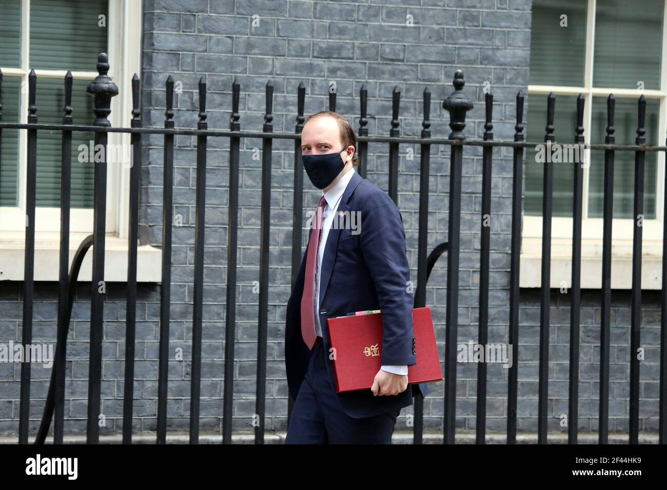 March 19, 2021, London, England, United Kingdom: Secretary of State for Health and Social Care MATT HANCOCK  is seen arriving at 10 Downing Street as PM Boris Johnson gets ready to get Astra Zeneca vaccine today. (Credit Image: © Tayfun Salci/ZUMA Wire) Stock Photo