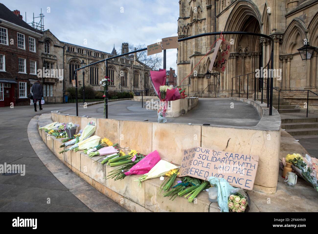 A memorial, outside York Minster, to Sarah Everard (33) who was murdered whilst walking home in South London. Sarah  was originally from York where her parents still live. Stock Photo