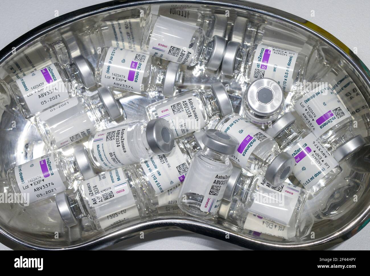 GERMANY, Hamburg, corona pandemic, largest vaccination center in Germany, for daily max 7000 people, empty vials of british vaccine AstraZeneca Stock Photo