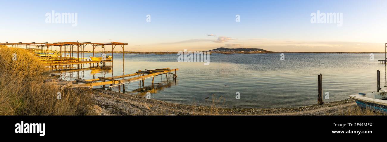 Oyster park on the pond of Thau in Occitanie, France Stock Photo