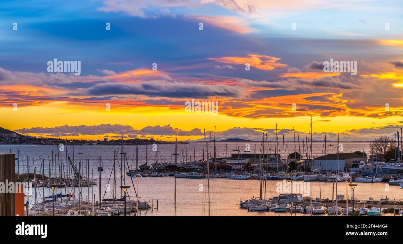 Port of Balaruc-les-Bains on the pond of Thau at sunset, in Occitanie, France Stock Photo