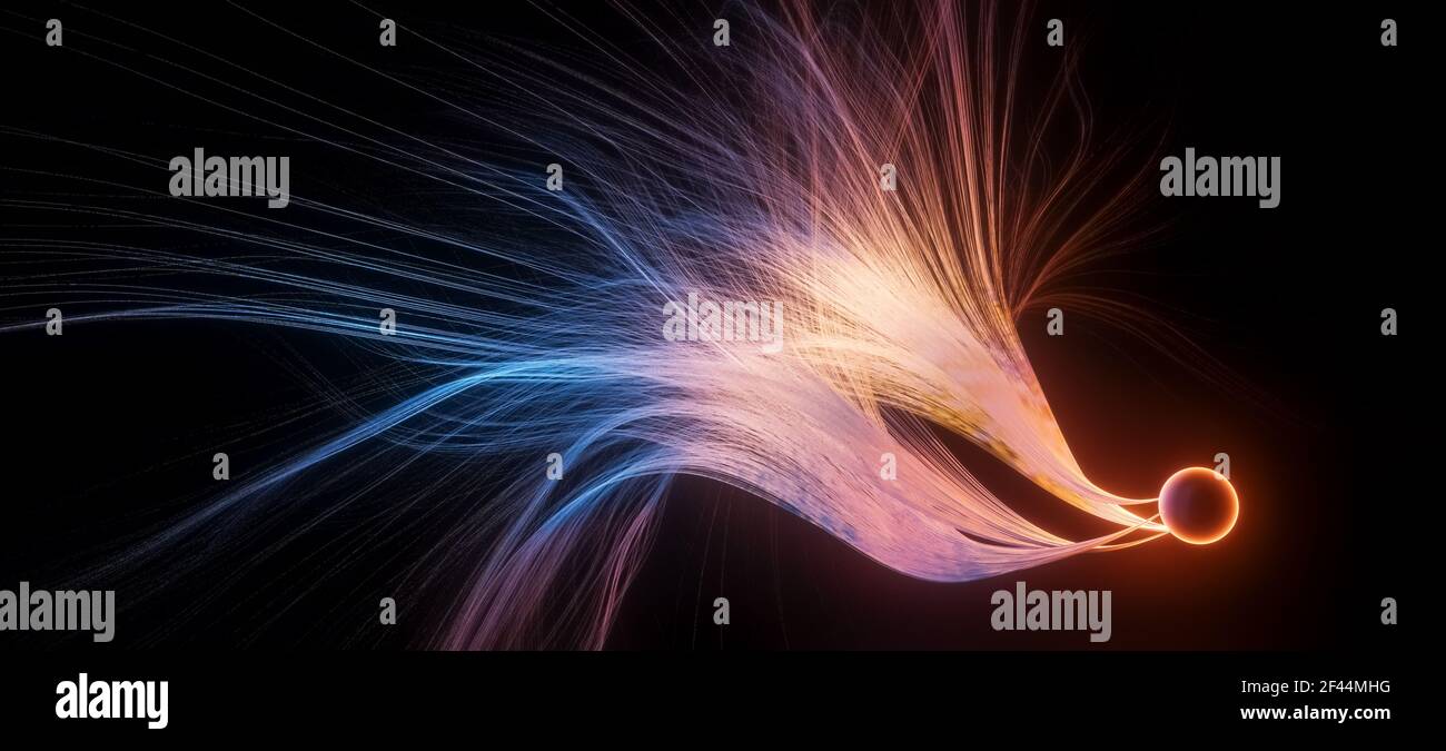 Abstract 3D illustration of glowing comet or black hole with long strands of smoke trail or waving tentacles, science, research or astronomy concept Stock Photo