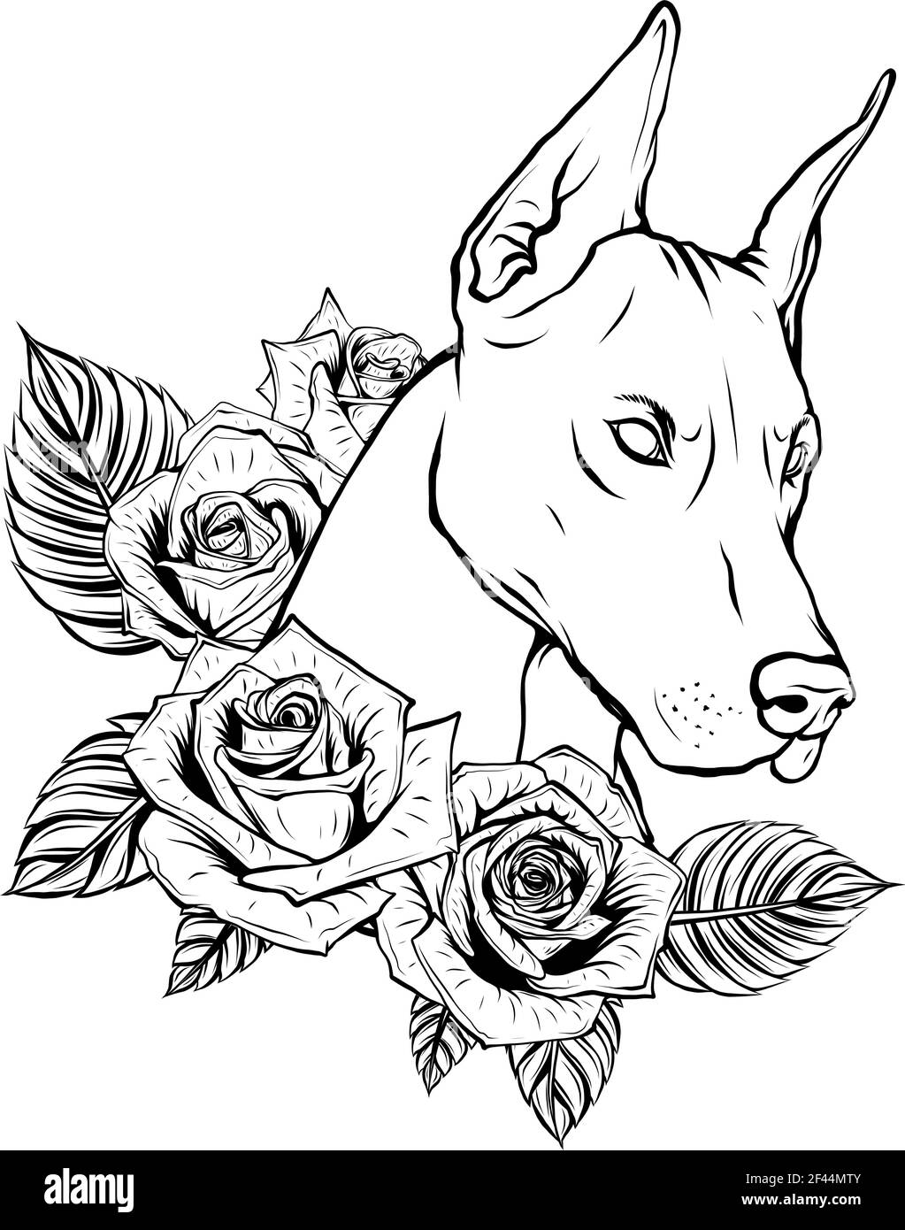 draw in black and white of vector Dobermann dog face with red roses Stock Vector