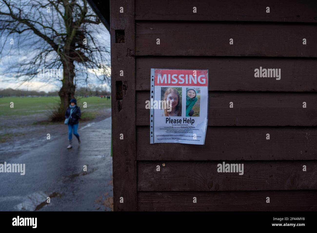 London, UK. 13th March, 2021. Missing sign for Sarah Everard posted by concerned friends. People attend a Vigil in memory of Sarah Everard at the Clap Stock Photo