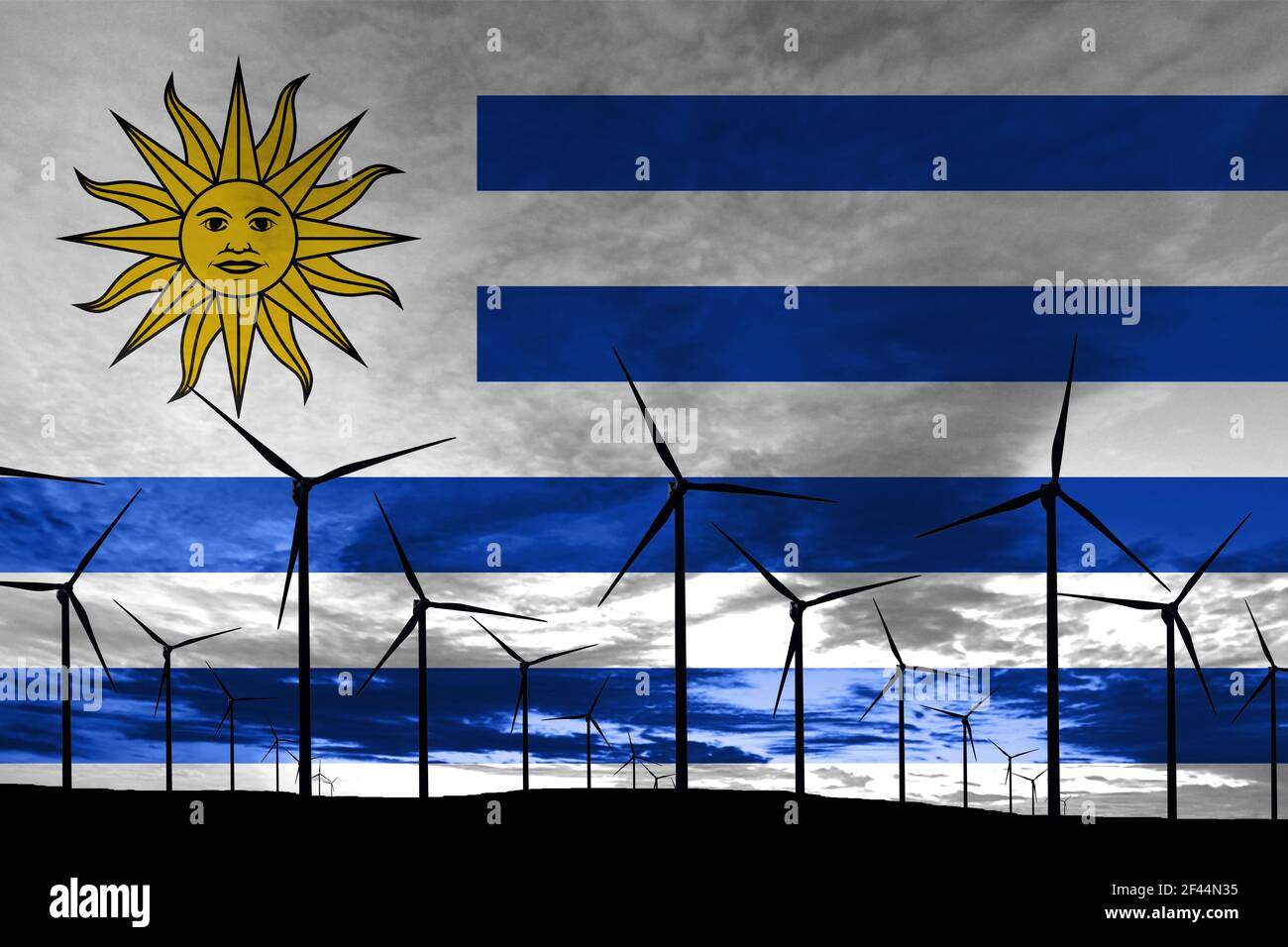Uruguay flag wind farm at sunset, sustainable development, renewable