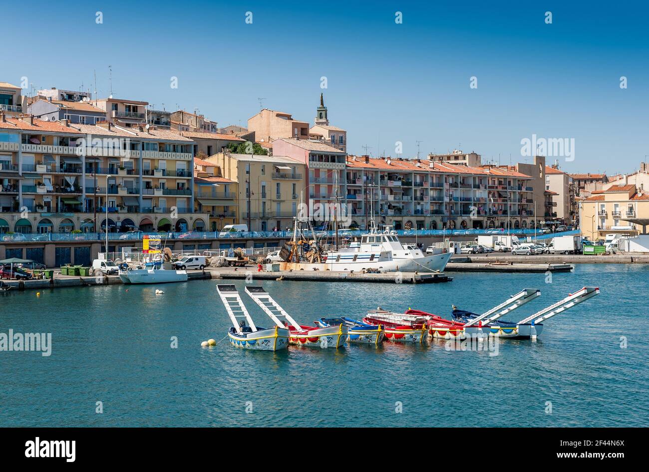 Typical boats for Languedoc jousts in the port of Sète, in Hérault, in Occitanie, France Stock Photo