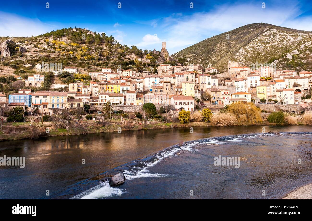 Old village of Roquebrun over Orb river in Occitanie, France Stock Photo