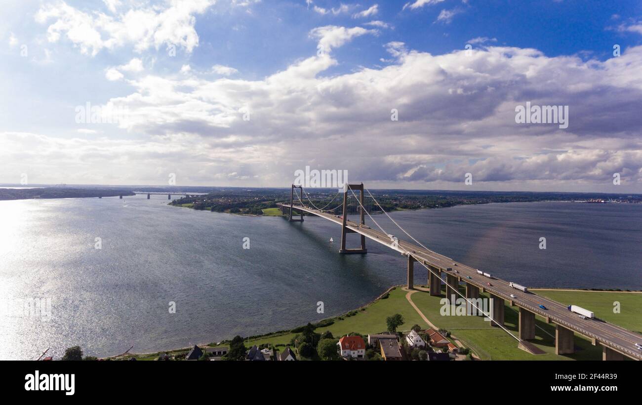 New Little Belt Bridge and small town of Middelfart seen from aerial view Stock Photo