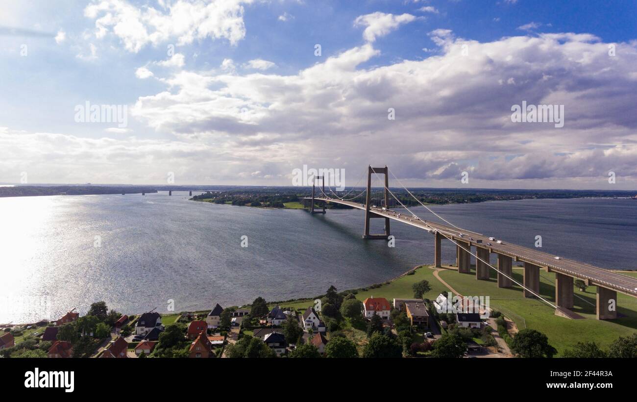 New Little Belt Bridge and small town of Middelfart seen from aerial view Stock Photo
