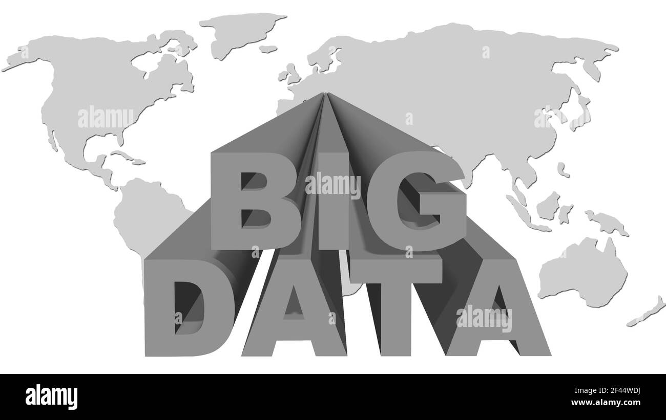 BIG DATA lettering in gray design - letters in front of a world map on white background - cloud computing and data storage concept - 3D Illustration Stock Photo