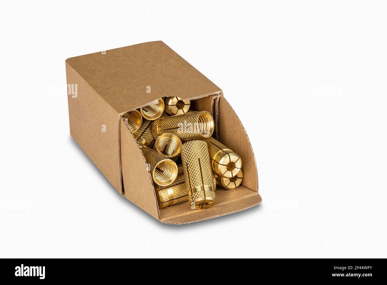 Brass screw impact-anchor in card-box on white background with shadow Stock Photo