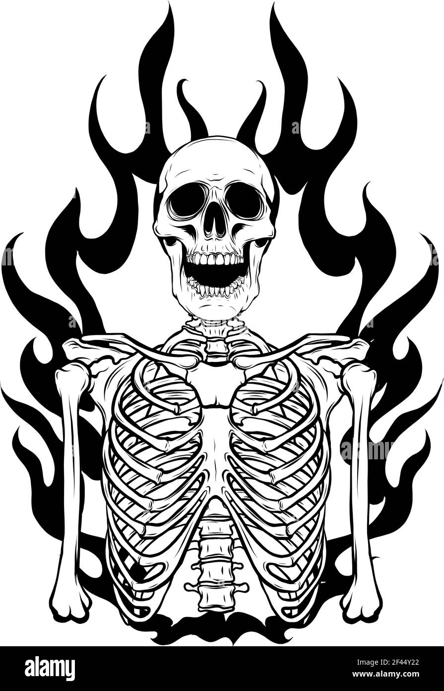 draw in black and white of vector illustration of skeleton in flame design Stock Vector