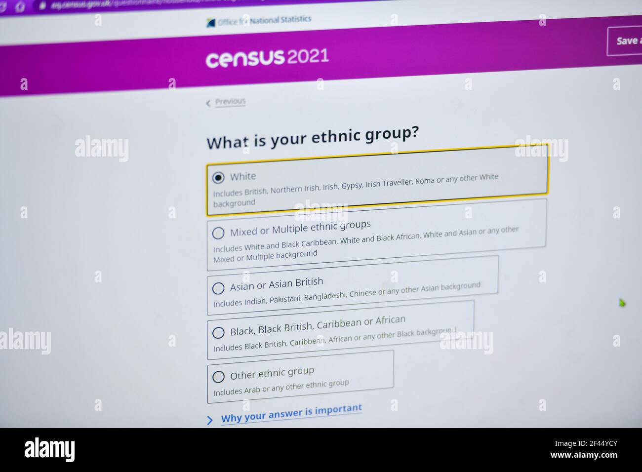 United Kingdom Census 2021 online form to gather information and statistics and people living in Britain. Questions include ethnicity and sexual orientation, gender as well as religion, health, employment and education. Once every ten years the Government department The Office for National Statistics ( ONS ) request information from every household in the United Kingdom. This is a legal requirement and failure to submit the census questionnaire could result in a £1,000 fine. The data is collated to inform decision making and asses the state of the nation Stock Photo