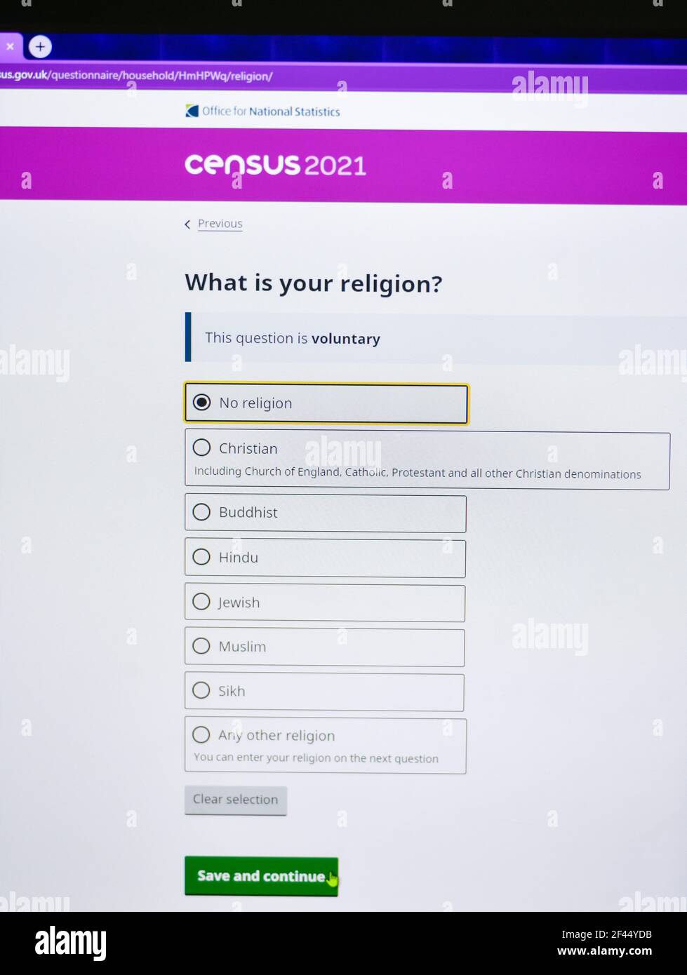 United Kingdom Census 2021 online form to gather information and statistics and people living in Britain. Questions include ethnicity and sexual orientation, gender as well as religion, health, employment and education. Once every ten years the Government department The Office for National Statistics ( ONS ) request information from every household in the United Kingdom. This is a legal requirement and failure to submit the census questionnaire could result in a £1,000 fine. The data is collated to inform decision making and asses the state of the nation Stock Photo