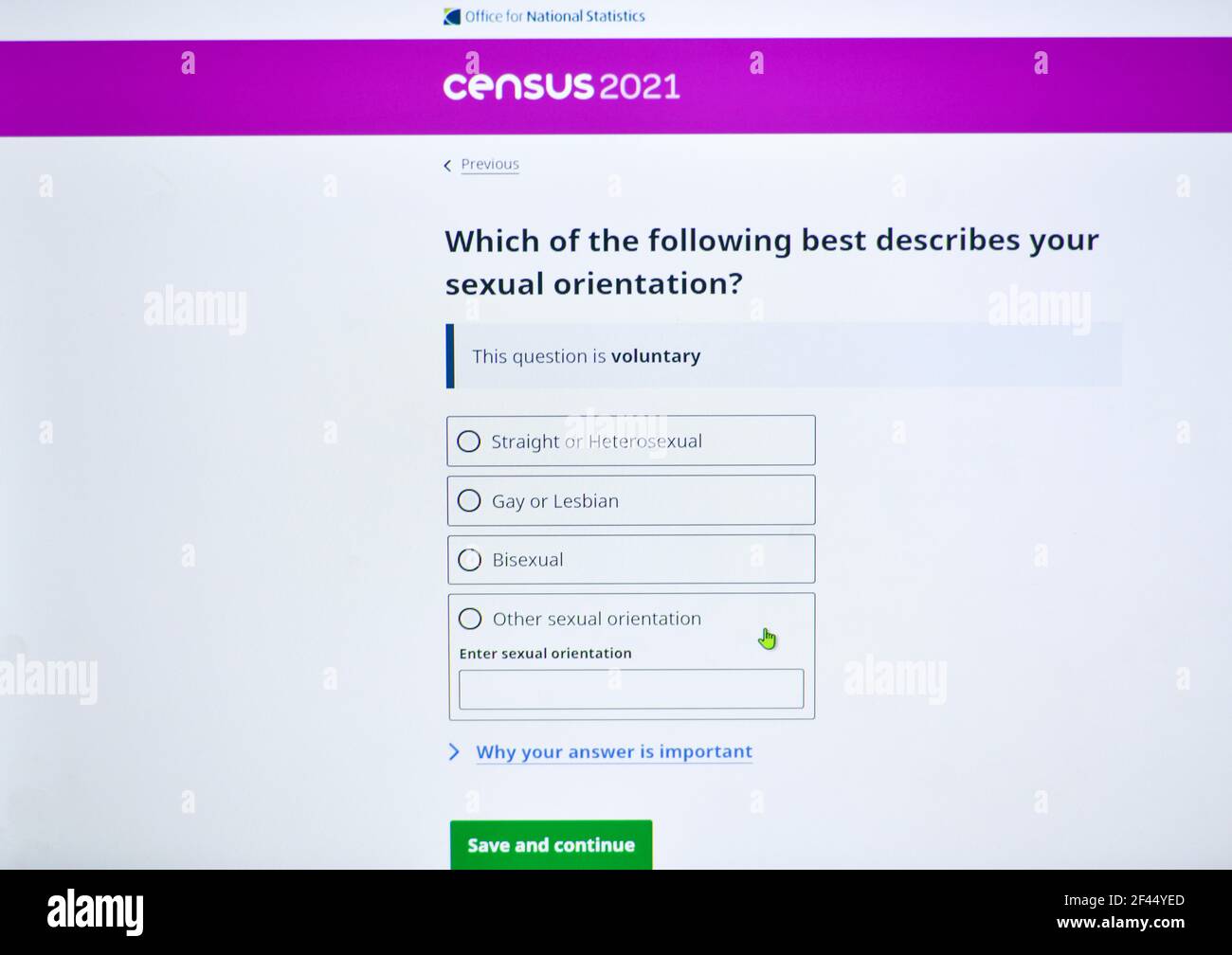 United Kingdom Census 2021 online form to gather information and statistics and people living in Britain. Questions include ethnicity and sexual orientation, gender as well as religion, health, employment and education. Once every ten years the Government department The Office for National Statistics ( ONS ) request information from every household in the United Kingdom. This is a legal requirement and failure to submit the census questionnaire could result in a £1,000 fine. The data is collated to inform decision making and asses the state of the nation Stock Photo