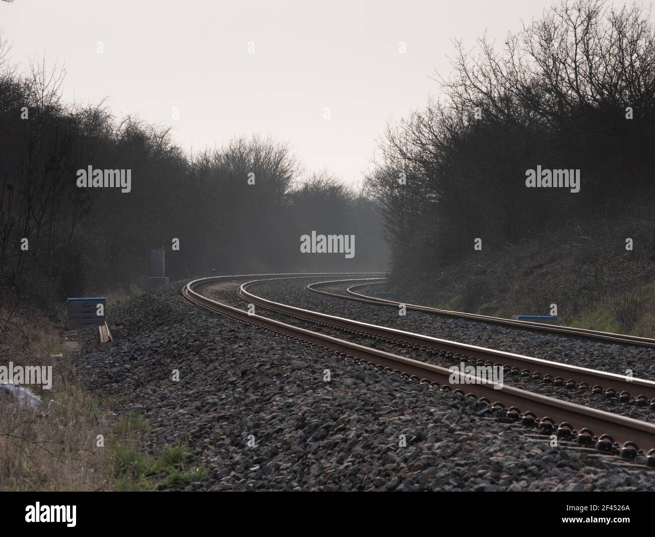 Curving tracks on railway line that circumvents Westbury station in Wiltshire, England, UK. Stock Photo