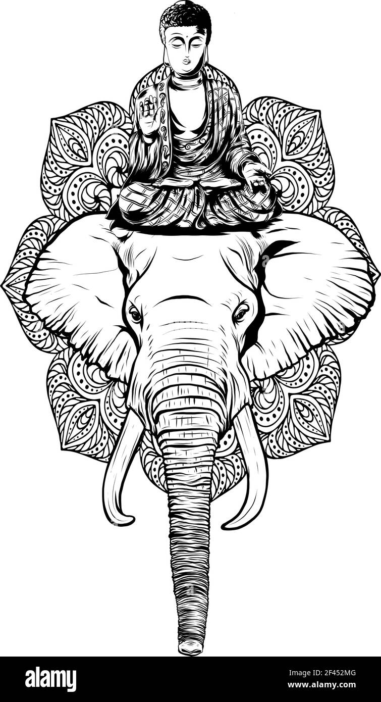 draw in black and white of buddha statue above head of elephant vector Stock Vector