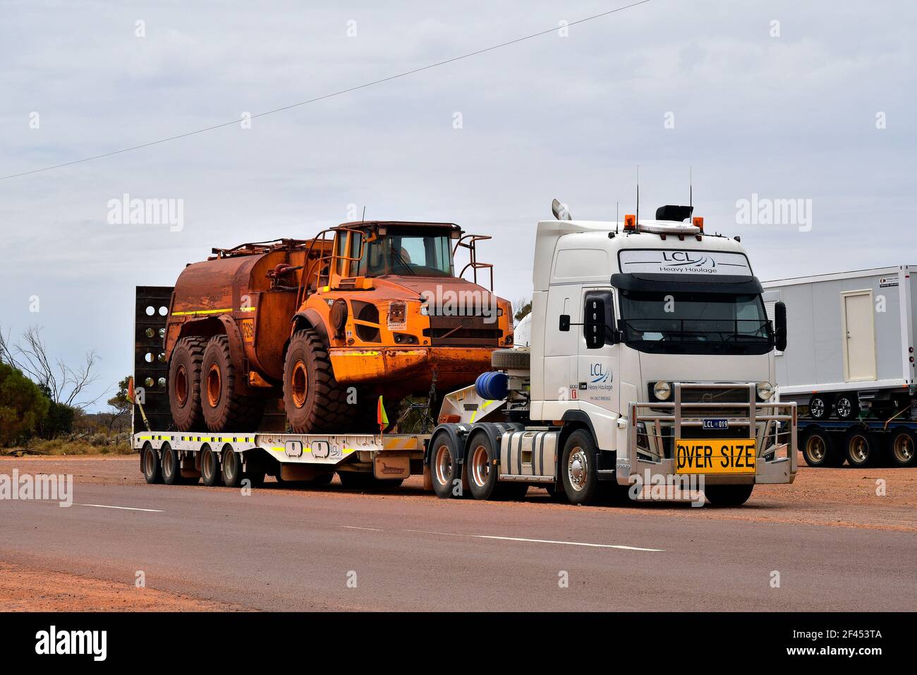 Glendambo, SA, Australia - November 12, 2017: Truck usually called Road Train with trailer at outback roadhouse  on Stuart highway in South Australia Stock Photo