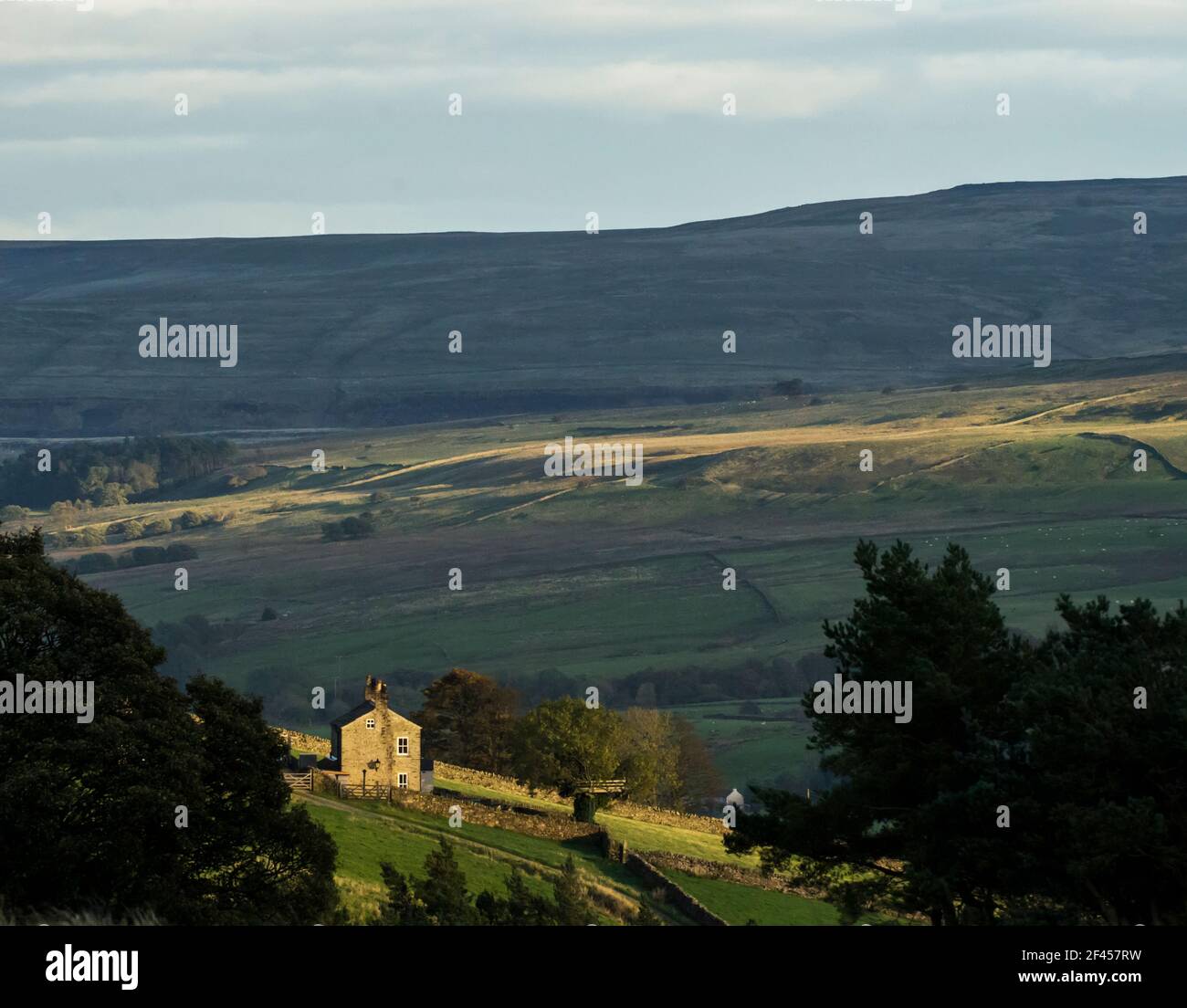 A lone house in sunlight against a backdrop of dark, brooding hills (Weardale, the North Pennines, County Durham, UK) Stock Photo