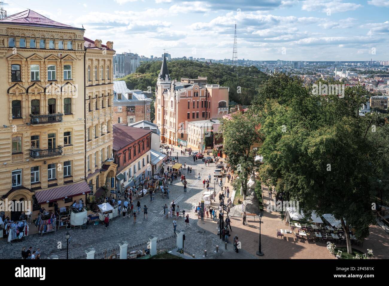Aerial view of Andriyivskyy Descent and Castle of Richard the Lionheart - Kiev, Ukraine Stock Photo