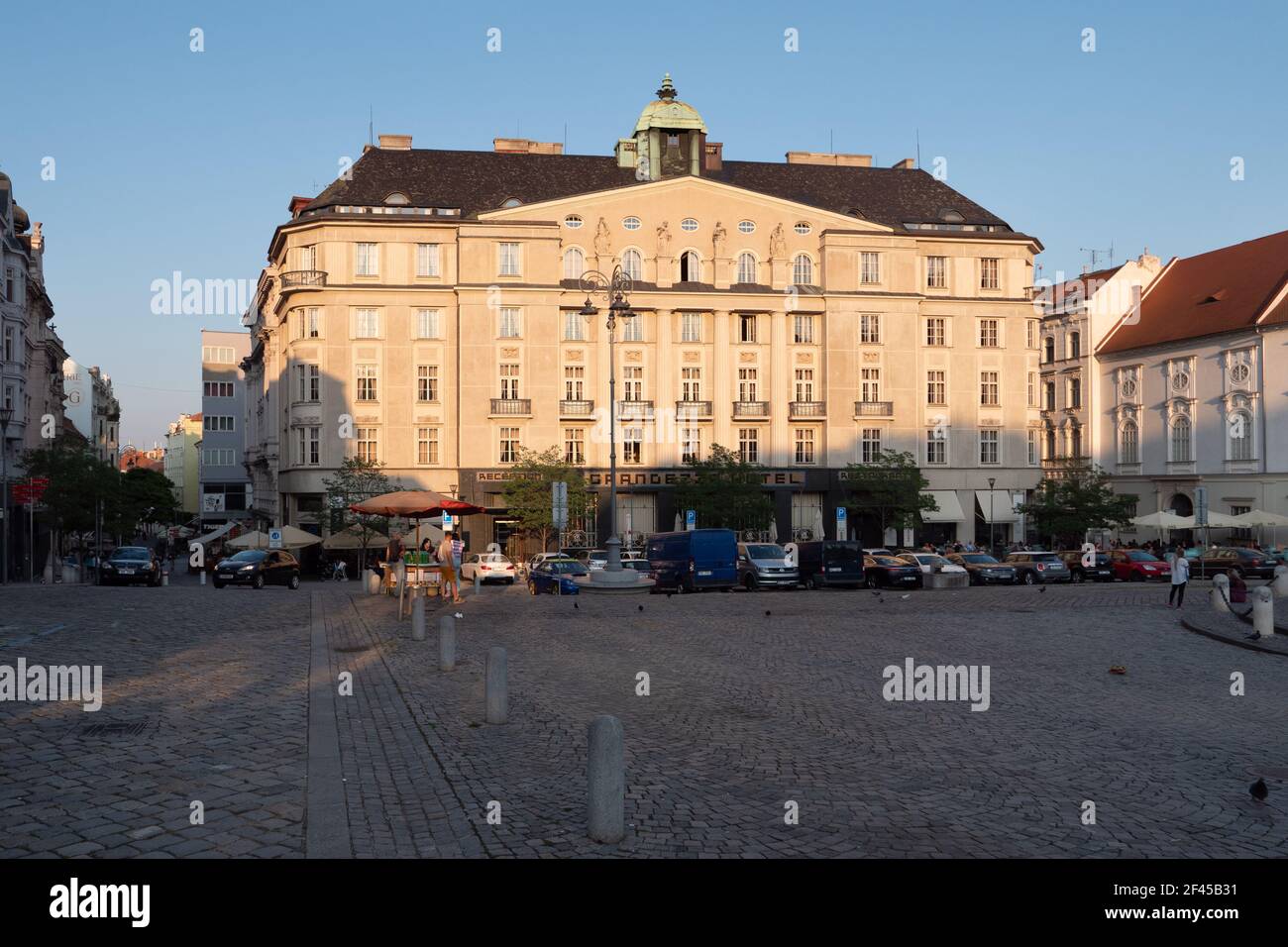 Brno, Moravia, Czech Republic - September 12 2020: Hotel Grandezza Exterior Facade on the Zelny Trh Cabbage Market. Stock Photo