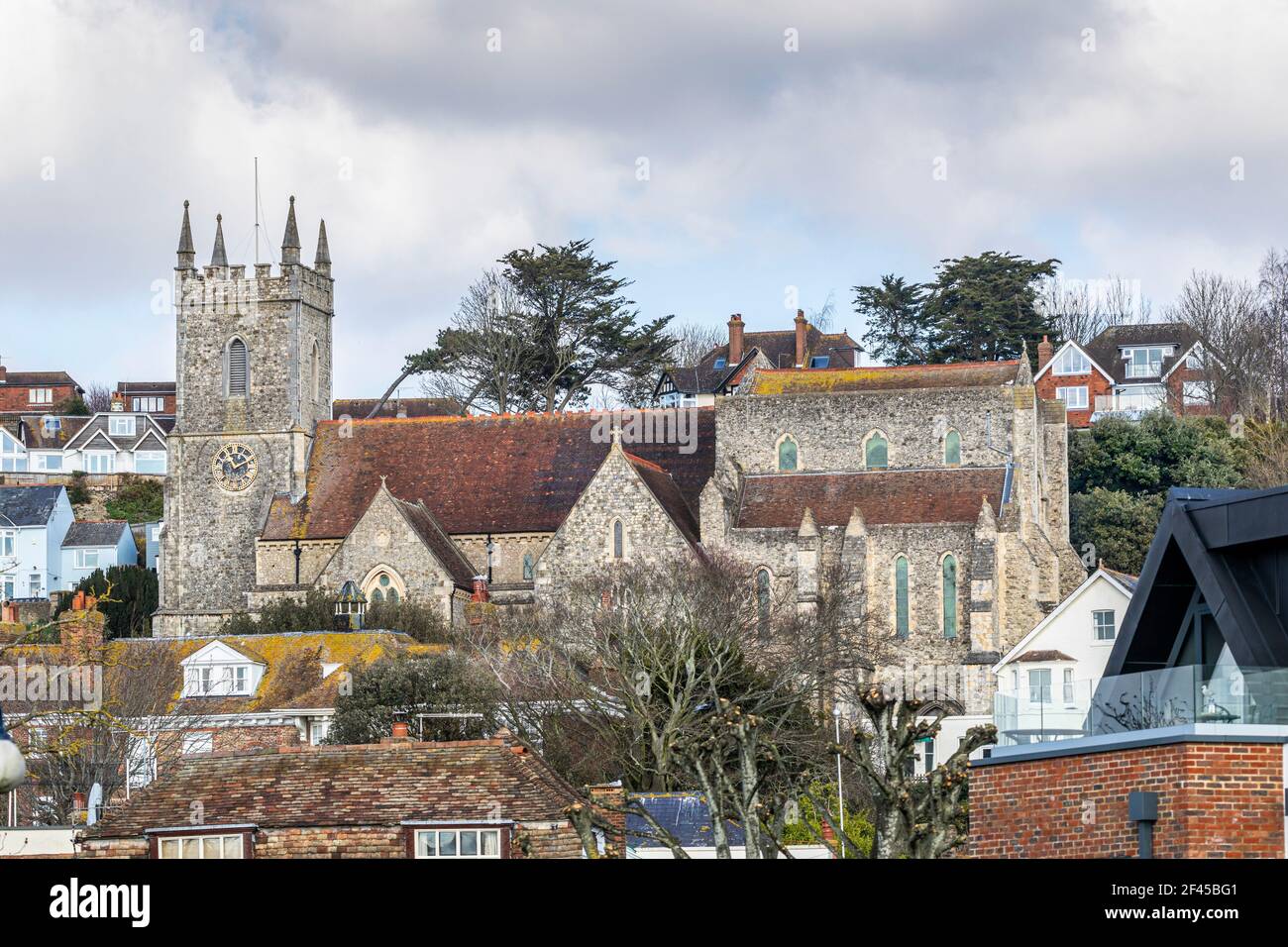 St Leonards Church, Hythe, Kent, nestling amid houses on a hillside