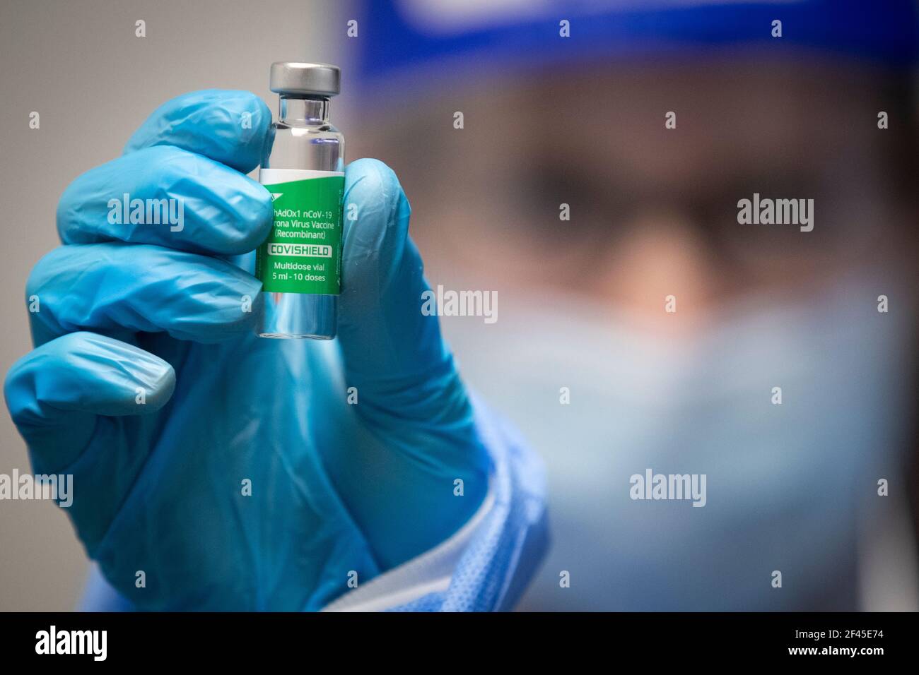 A vial of the AstraZeneca COVID-19 vaccine at a pharmacy in Amherstview, Ontario on Tuesday, March 16, 2021, as the COVID-19 pandemic continues across Stock Photo
